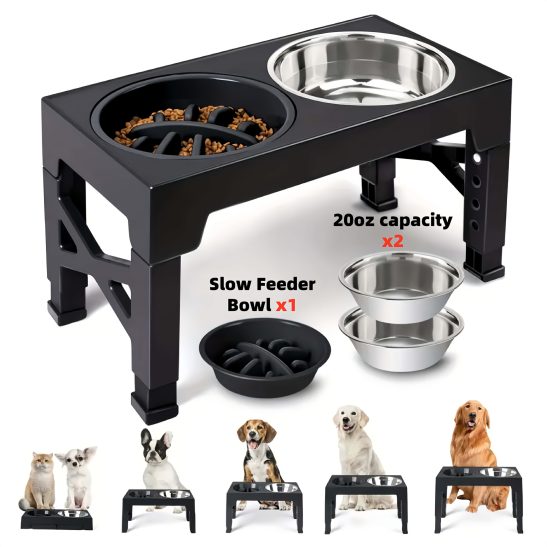 Adjustable 5-height Height-adjustable Dog Bowl, Foldable Height-adjustable Dog Bowl Stand, with Slow Food Bowl And Stainless Steel Dog Food Bowl, Suitable for Medium And Large-sized Pet Dogs And Cats
