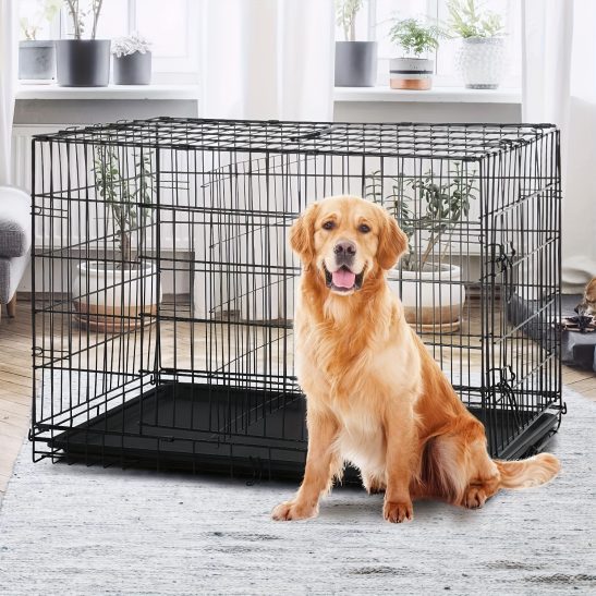 42u002F48 inch Double Door Folding Metal Dog Crate Dog Cage with Dividers And Leak-Proof Tray Metal Crate for Puppy to Medium to Large Dogs, with Removable Tray Wire Dog Kennel Portable Indoor Outdoor Pet Cage