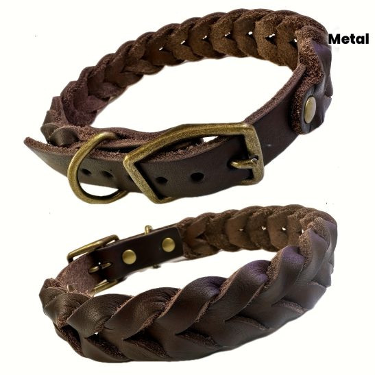Genuine Braided Dog Collar, Textured Cowhide Weave Pet Collar, Adjustable Metal Buckle Dog Neck Collar