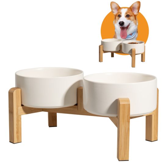 Elevated Ceramic Dog Bowl Set - Raised Feeding Bowls with Non-Slip Bamboo Stand - Double Dog Feeding Bowls - 16.23oz Ideal for Cats And Puppies - 28.74oz Suitable for Small And Medium Dogs, Food Bowls for Dogs, Slow Feeder Dog Bowl Ajustable, Dog Feeder, Dog Bowls Plus Storage, Pet Bowls for Large Dogs